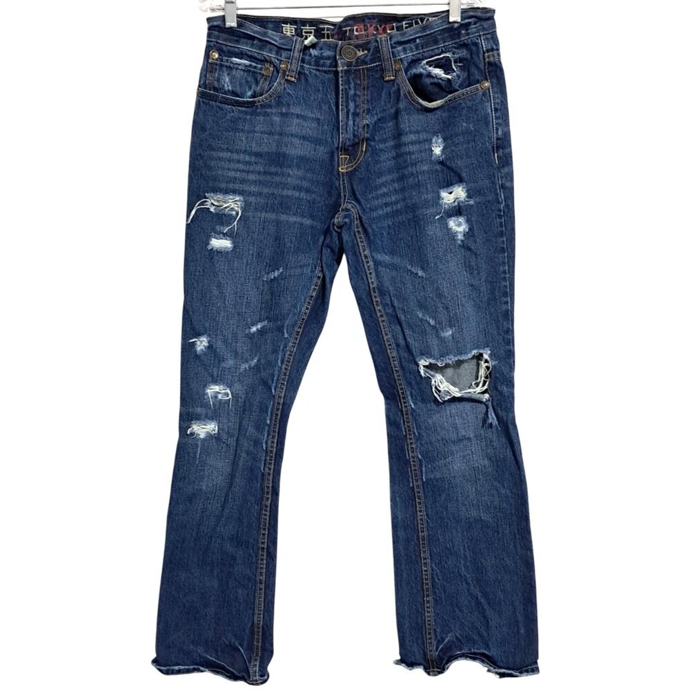 Tokyo Five Jeans Mens Size 32 Destroyed Distressed Dark Blue Denim‎